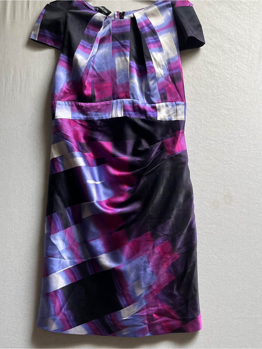 Bebe Silk Purple & Black Satin Printed Midi Dress Size M - 100% Silk